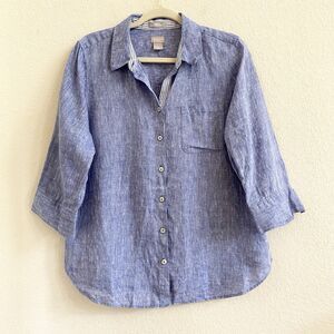 Chicos No Iron Indigo Blue 100% Linen High Low Hem‎ Button Up Tunic Sz S 8-10